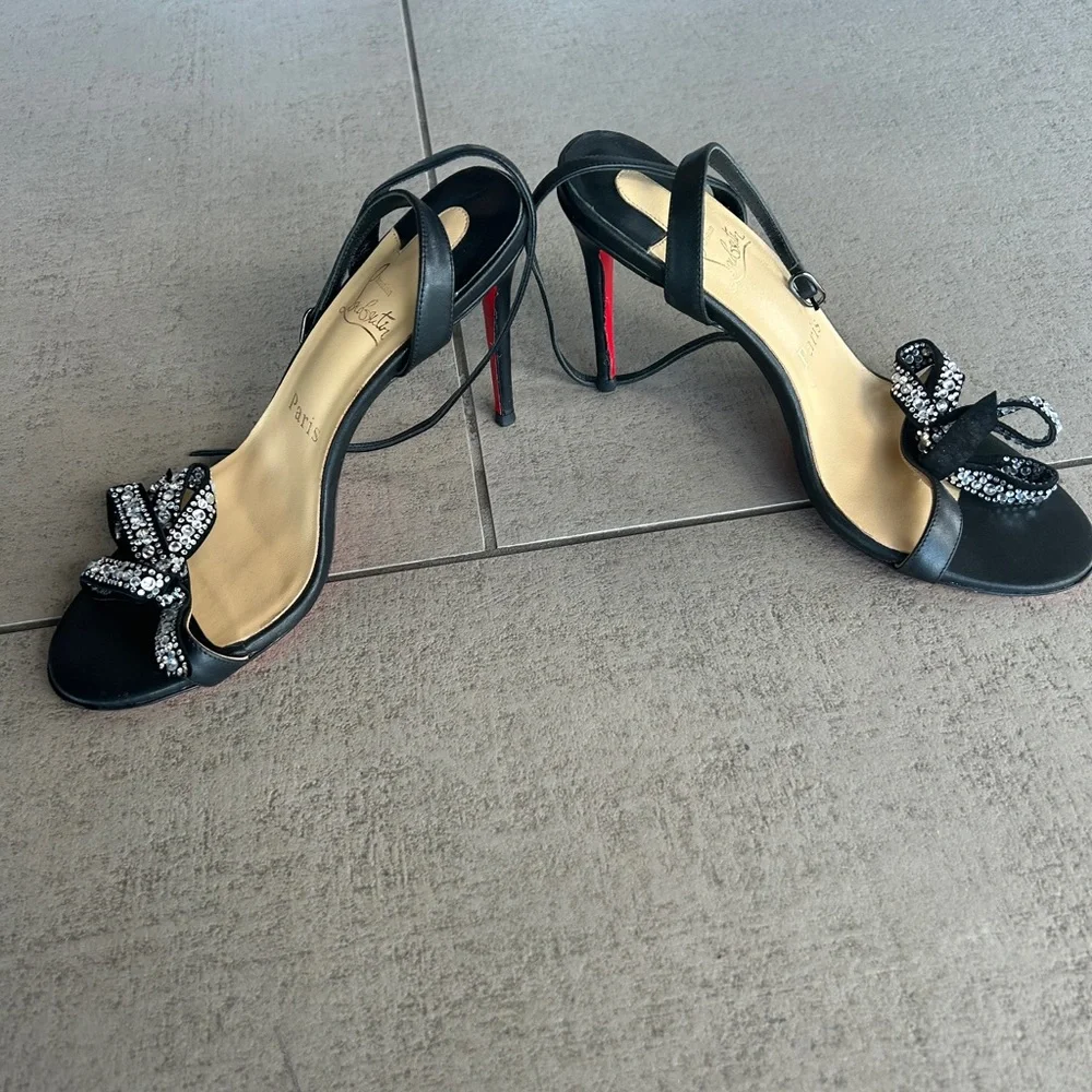 Christian Louboutin -  Black Leather Rhinestone Sandal - Size 38 - Picture 2 of 3
